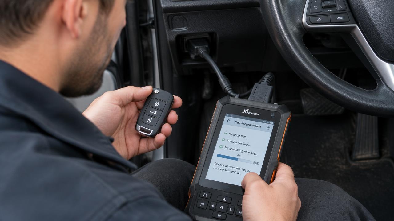 Car key fob being programmed with a handheld programmer