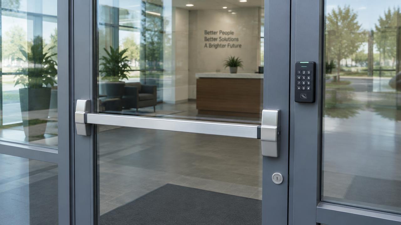 Commercial glass door with a panic exit bar and keypad reader